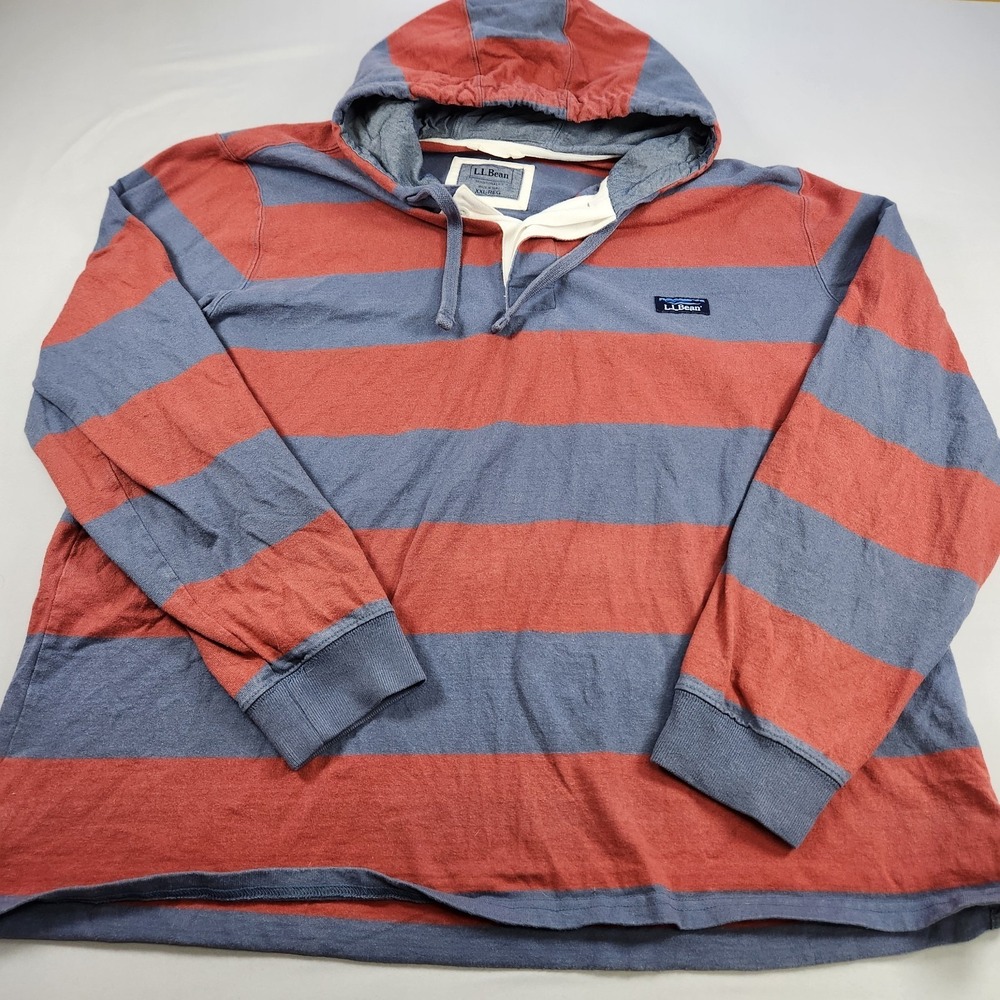 L.L.Bean Mens Hooded Rugby Pullover Shirt Red Gray Striped Cotton XXL
